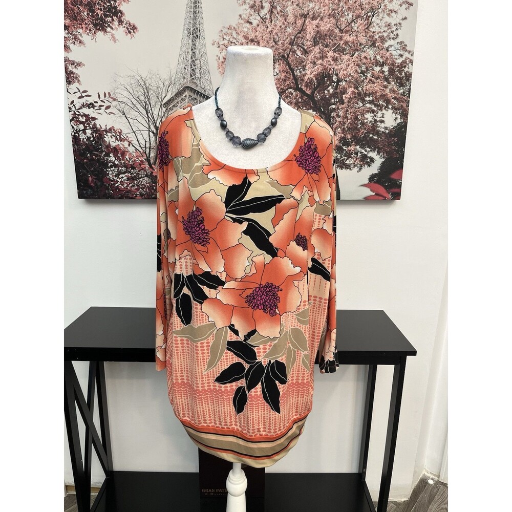 JM Collection Floral Batwing Blouse XL Orange Dolman Sleeve Tunic Top Boho